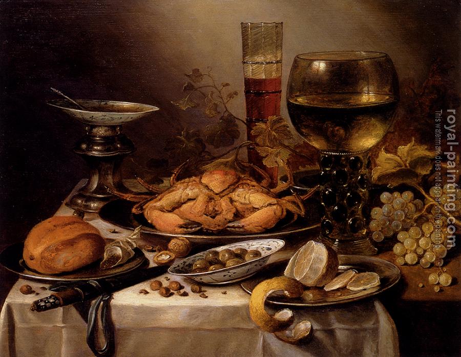Pieter Claesz : Banquet Still Life With A Crab On A Silver Platter, A Bunch Of Grapes, A Bowl Of Olives, And A Peeled Lemon All Resting On A Draped Table